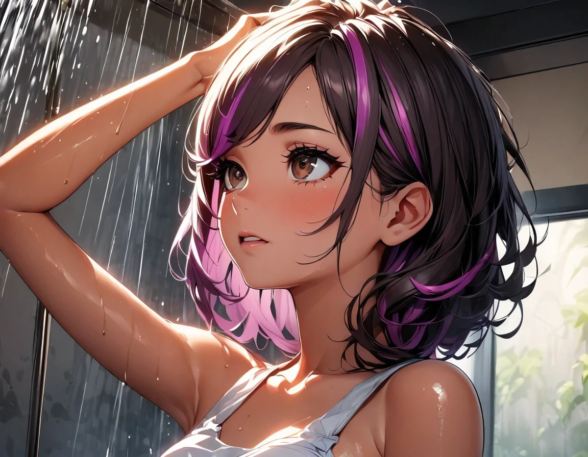 (highest quality:1.2, Very detailed, up to date, Vibrant, Ultra-high resolution, High Contrast, masterpiece:1.2, highest quality, Best aesthetics), Portraiture、girl, solo, (25-years-old:1), Bright colors、Beautiful fine details、Beautiful lip detail, long hair、black and purple ((streaked hair:1.6)), highlights hair: 1.5, brown eyes, ((slim body:1.4)), (small breast:0.7), (dark skin:0.3), (She is taking a shower from her head:1), shower head diagonally above her face, hand on own head, (the shower is falling on her face:1), in bright shower room, (looking up:0.7),