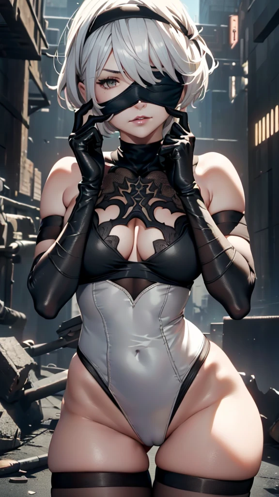1 girl(YoRHa 2-gou B-gata "2B" - Nier: Automata), (black blindfold:1.5), black hairband, blindfold, hairband, short hair, white hair, beautiful detailed lips, extremely detailed face, longeyelashes, detailed skin, slender sexy body, toned skin, sharp facial features, high cheekbones, long elegant legs, crouching pose, fingersmile, finger to mouth, (best quality,4k,8k,highres,masterpiece:1.2),ultra-detailed,(realistic,photorealistic,photo-realistic:1.37),cinematic lighting,dramatic lighting,dramatic shadows,high contrast,chiaroscuro,moody,sensual,erotic,nsfw, naked