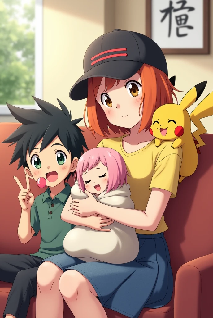 Create a family chart. anime version.
Let them sit in the living room.
The mom with her short orange hair,She is wearing a yellow shirt and a denim skirt, She is holding her baby.
The baby is sleeping wrapped in a blanket ,She has soft pink hair.
The dad is Ash from Pokémon with his black cap, their are brown.
Add another child eating a candy, his black hair and green eyes.
Add Pikachu on the father&#39;s shoulder, that he is making the v with his fingers.



