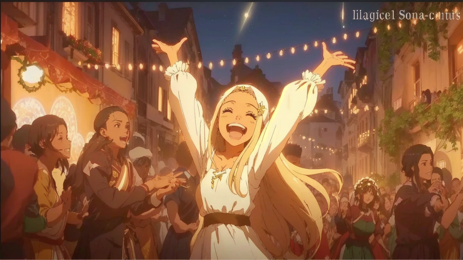 festive scene of a woman in a white dress dancing in a crowd, film screenshot  garota pele morena parda clara com cabelos preto comprido e ondulado, expressing joy. she expressing joy, anime look of a young girl, in the anime film, today&#39;s featured anime yet, anime look of a beautiful girl, film screenshot, The atmosphere is cheerful and festive
