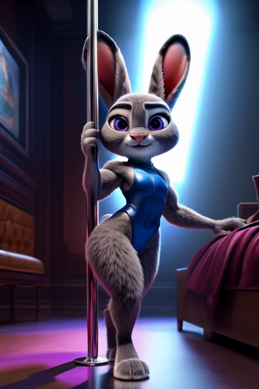Judy Hopps, Pixar animated Zootopia style, a muscular girl wearing a leotard with a 3:1 hip to leg ratio, Pole dancing, bedroom setting, detailed features, cinematic lighting, photorealistic, 8K, hyper detailed, masterpiece