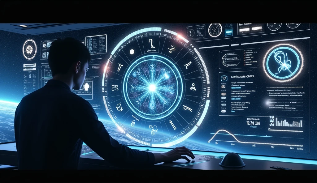 A futuristic dashboard displaying zodiac symbols and cosmic data, with a figure interacting with the interface. The background is a starry, technological landscape. Atmosphere: advanced and visionary. Mood: focused and inspired. --ar 16:9