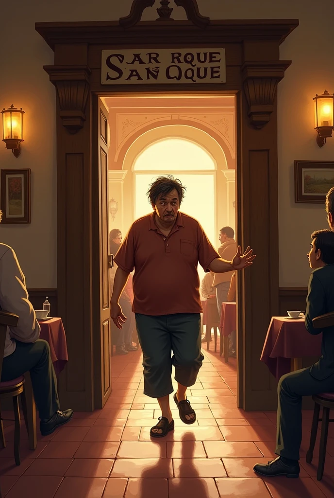 An ungainly person arriving at the San Roque restaurant.