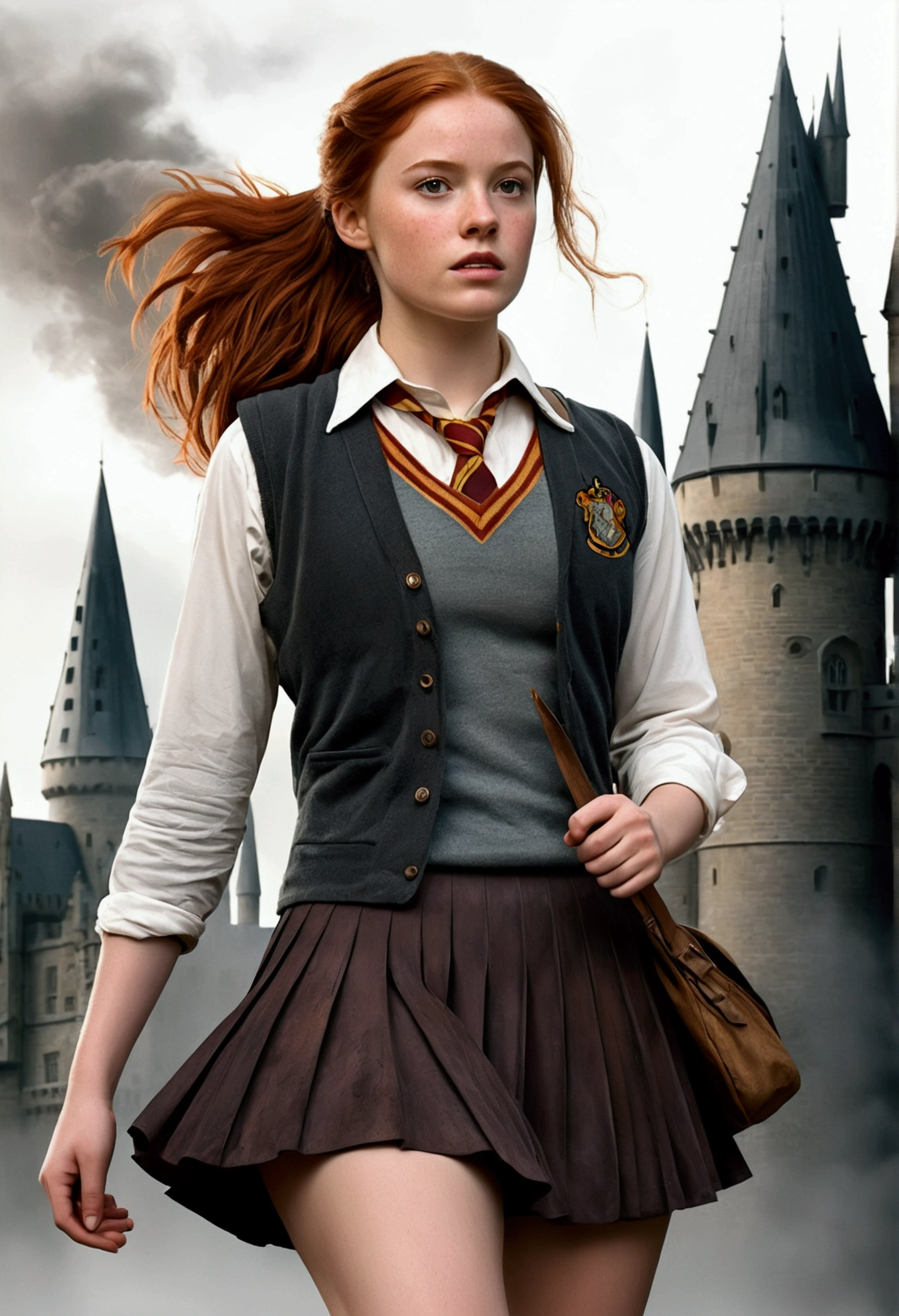An illustrated movie poster, hand-drawn, full color, a female Hogwarts student, 18 years old, wearing a charcoal vest and a pleated skirt, tall, toned, amazonian stature, athletic hourglass figure, full wide hips, massive round butt, long shapely legs, ridiculously thick powerful thighs, deep dark auburn hair, messy ponytail, flushed sun-kissed complexion, freckles, resembles Deborah Ann Woll, standing in front of Hogwarts Castle, surrounded by mist, graphite shading, stencil marks, airbrushed acrylic paint, masterpiece, in the Deathly Hallows 