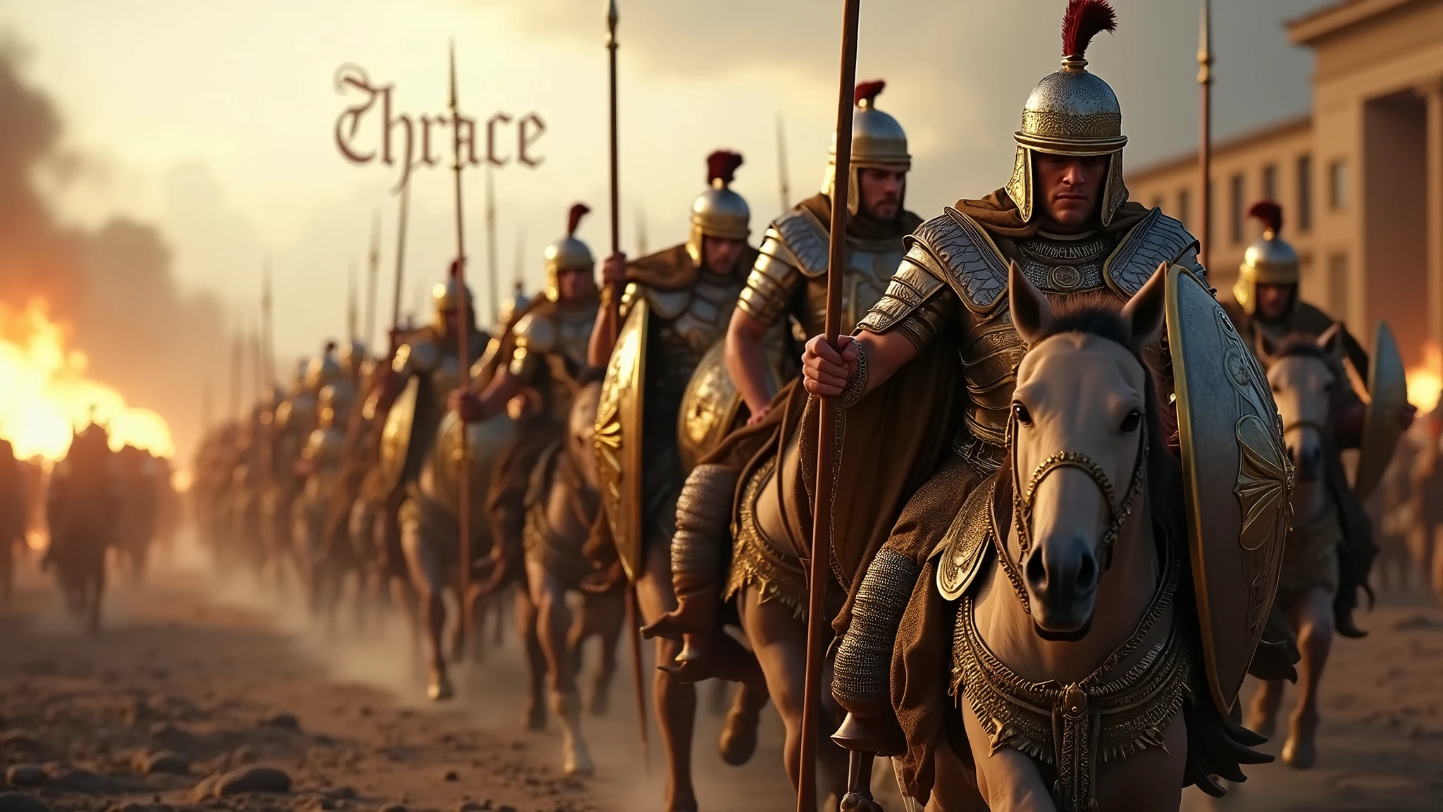 (photographie ultra-réaliste) Armée de thrace dans la grèce antique portant des armures reflétant la lumière, des capes dorée, munie de leurs lances d'argents et leurs bouclier dorés, ils chargent vers les ennemies, sur un champ de bataille apocalyptique dévasté, deux centurions légendaires nommés "Ritchie" et "Supplier". En arrière plan on aperçoit la ville de Troies en feu.
En arrière plan il est écrit "Thrace" en lettre gothique