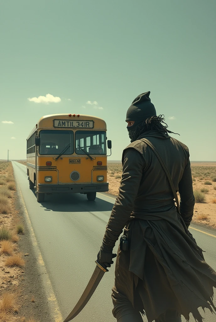 A bus in the middle of an empty road. In the corner of the image a bandit with a knife in his hand, waiting for the bus to come to him