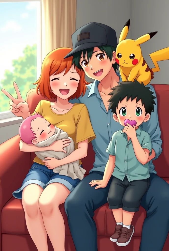 Create a family chart. anime version.
Let them sit in the living room.
The mom with her short orange hair,She is wearing a yellow shirt and a denim skirt, She is holding her baby.
The baby is sleeping wrapped in a blanket ,She has soft pink hair.
The dad is Ash from Pokémon with his black cap, their are brown.
Add another child eating a candy, his black hair and green eyes.
Add Pikachu on the father&#39;s shoulder, that he is making the v with his fingers.


