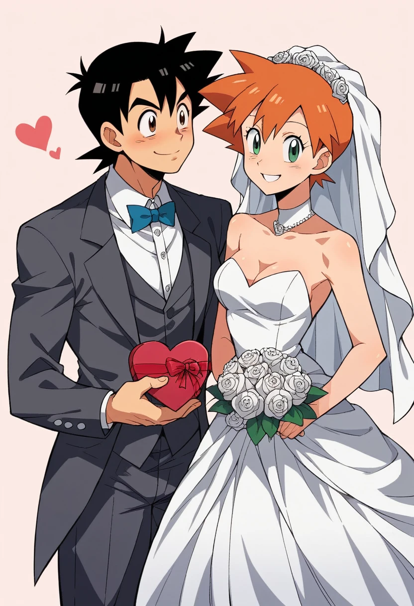 1boy, black hair, brown eyes, hair between eyes, ash ketchum, groom, suit, handsome boy, macho, good looking boy 1girl, misty pokemon, orange hair, hair down, green eyes, bride, pretty, beautiful girl photograph of a 18 years old couple, Masterpiece, Valentine's day, hapiness,Smile,chocolate,Rose,Heart,wedding,Wedding dress,animation aesthetics,ultra high definition, masterpiece, precise, anatomically correct, textured skin, Super details, 8K