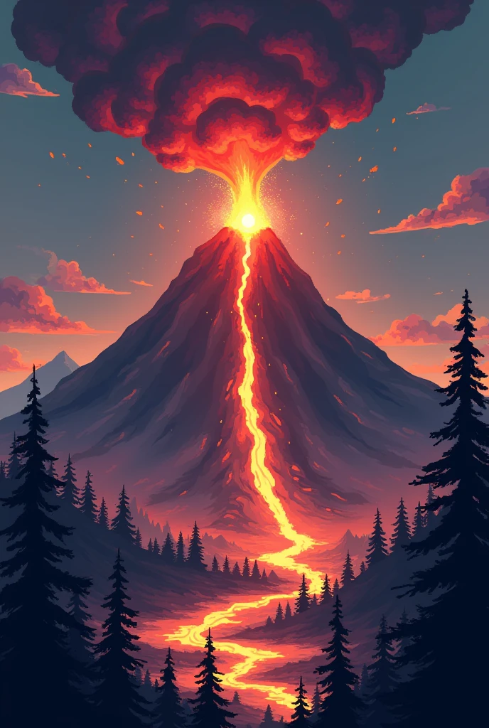 Genre moi une image de volcan en éruption au fond de l'image pour un jeu en 2D en pixel art avec une forêt en cendre au second plan