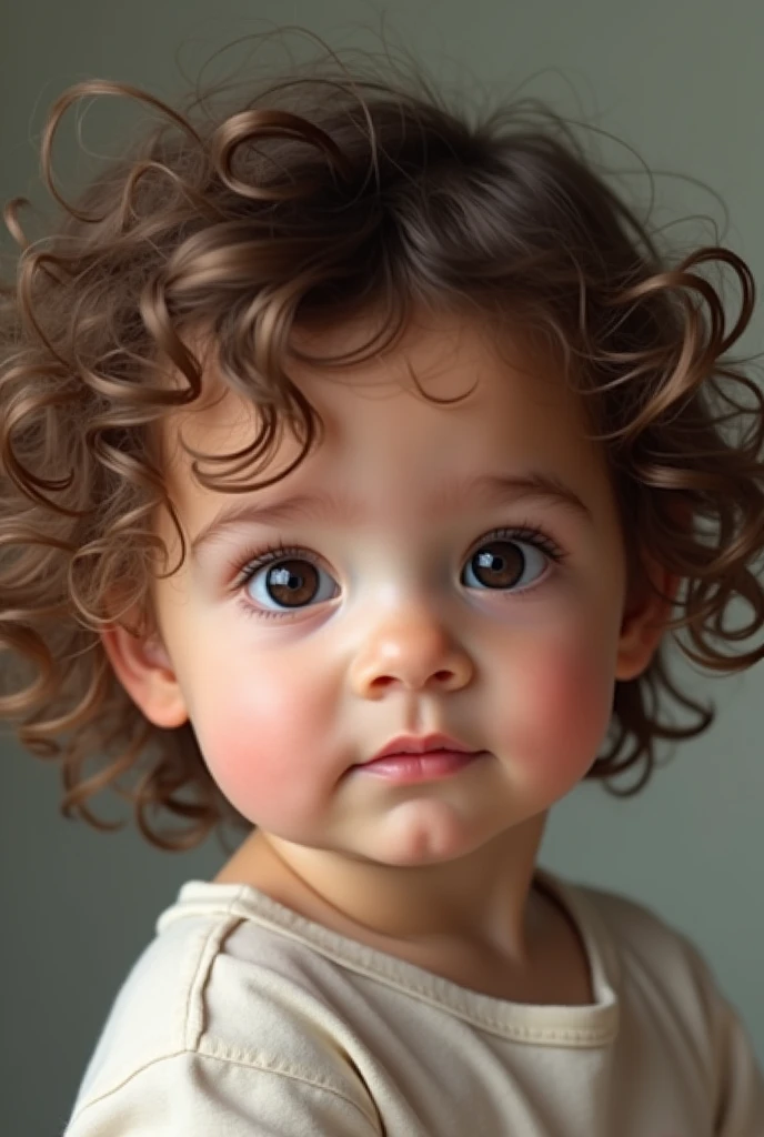 CHILD WITH CURLS IN BROWN HAIR AND BLACK EYES