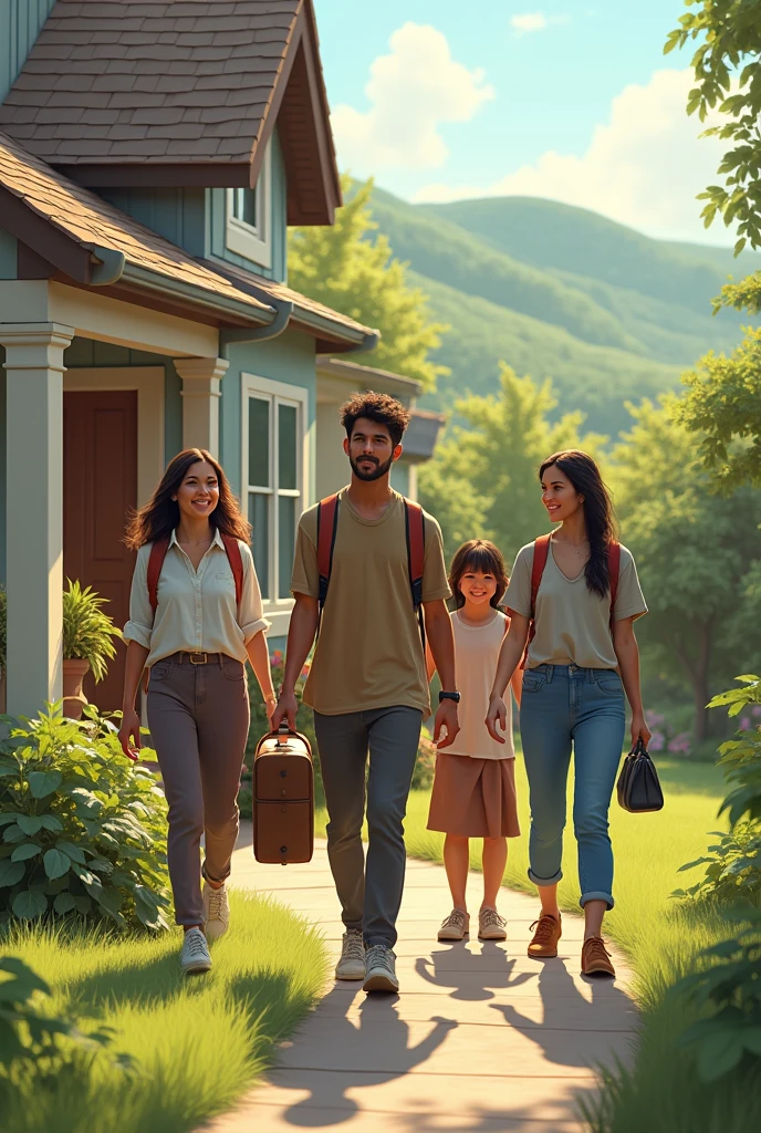 4 people arriving from a trip to a house