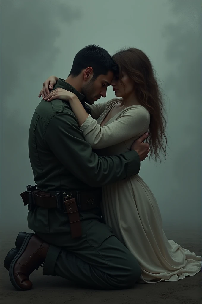 A soldier in black kneeling and embracing a woman