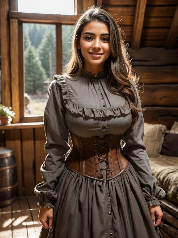 Gorgeous, busty and thin Latina peasant girl, 19 years old, rough-spun grey and brown medieval dress, long sleeves, wide neck, long dress, tight bodice, corset, Old west, late 1800s western aesthetic, cabin, interior, hispanic complexion, warm smile, cozy cabin