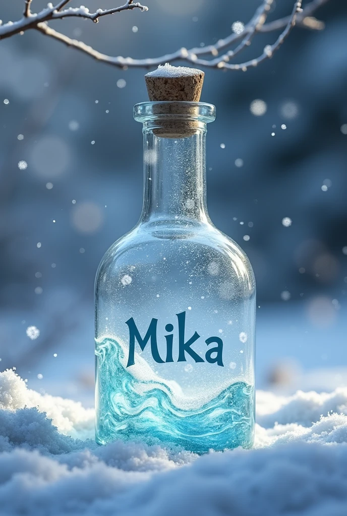 Sea bottle with the first name mika and the snow theme