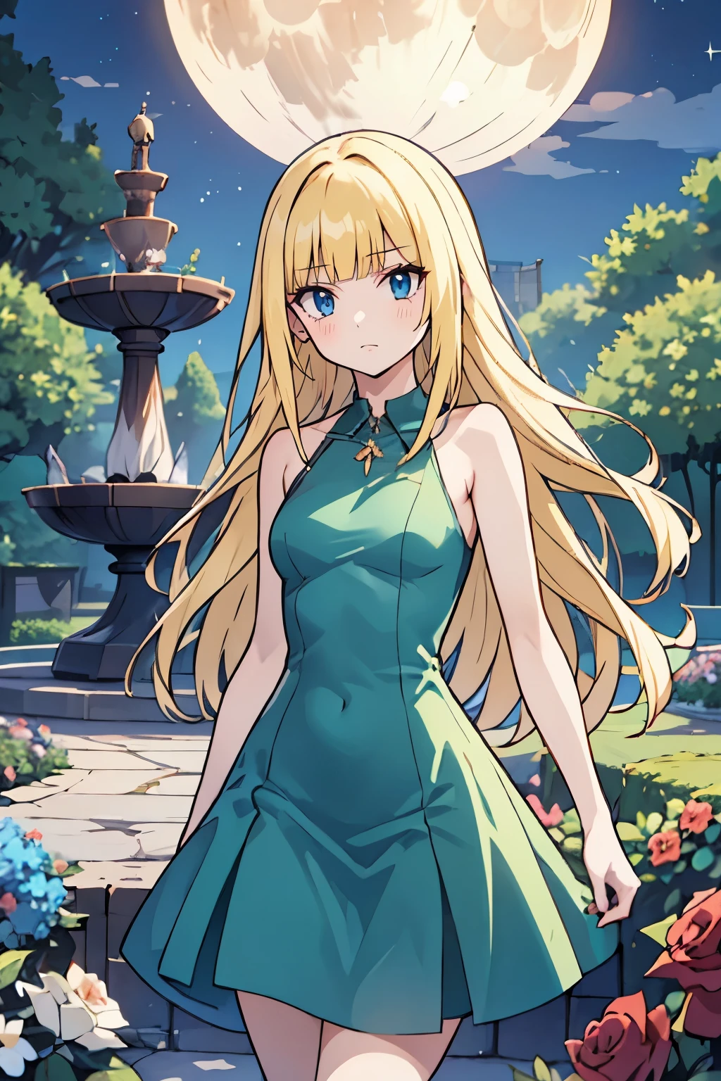 fairy_tail_style, solo, 1 girl, cowboy shot, (young female body:1.4), (medium small breasts), long disheveled hair, golden yellow wavy hair, extra long hair, blunt bangs, crystal blue eyes, very detailed blue eyes, mansion garden, standing on a cobble pathway, a moonlit garden with a fountain, rose bushes, night time, tight elegant green dress, short dark green dress,  form fitting tight green dress, chic evening dress, party dress, cowboy shot, flower in hair, sleeveless, exposed collar bones