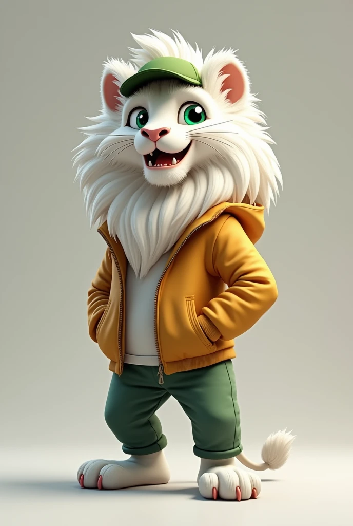 a white lion with green eyes and pants, windbreaker and green cap and with it giving a smile