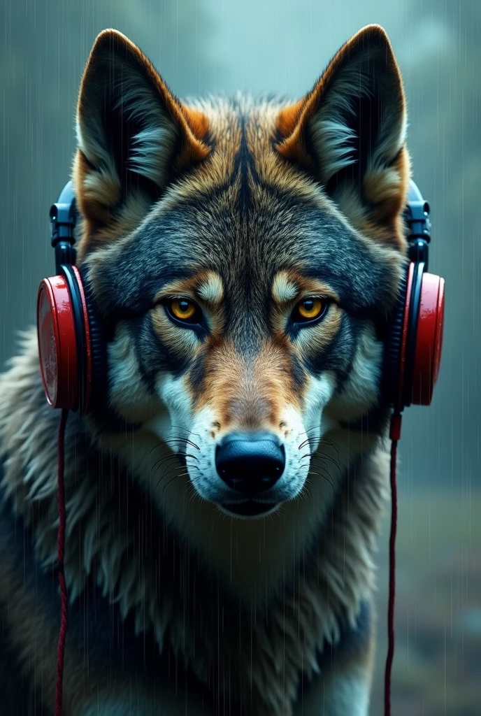 Face of a wolf with indigenous features, with headphones in the rain, similar to a man.