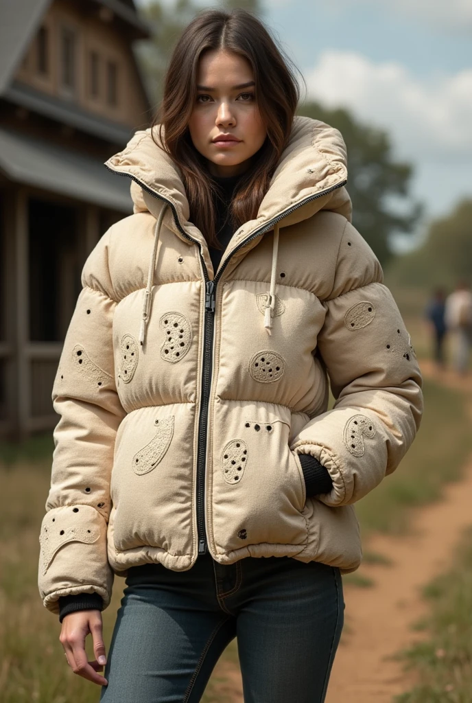 Fashionable puffer jacket made from egg carton with the textures of where eggs come from
