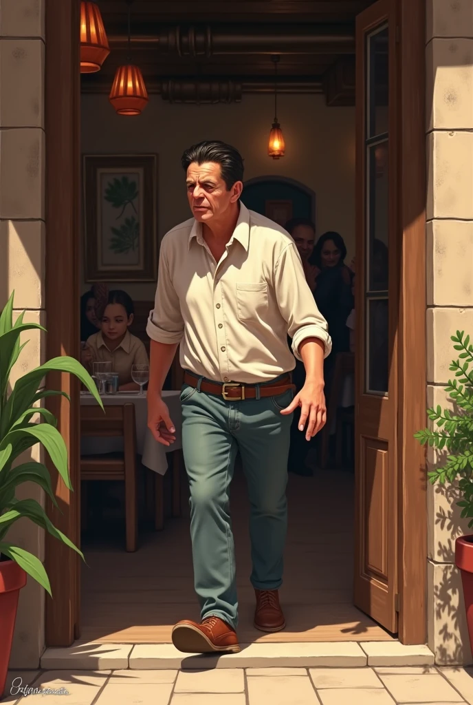 An ungainly person arriving at the San Roque restaurant.