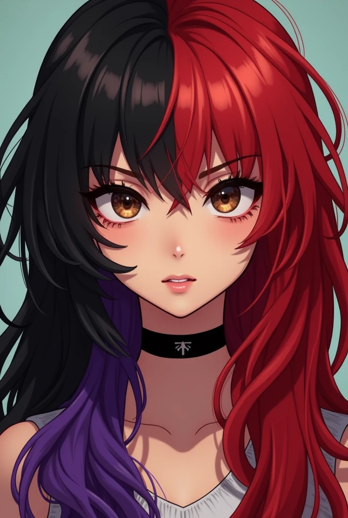 The character in the image is a young woman with a striking and expressive appearance.. Your hair is long and voluminous, divided into three distinct colors: blackw, red and purple. O lado esquerdo do cabelo é blackw, while the right side is red, with the bottom of the locks turning a vibrant purple.
His eyes are large and brown, with an intense gaze that conveys a mixture of determination and mystery. Her skin is fair, with a slight blush on the cheeks, giving you a healthy and youthful appearance. She wears a simple black choker, which accentuates your bold and confident style.
The character has a strong and independent presence, and her unique look suggests a personality that is not afraid to stand out or express her individuality in a vibrant way.