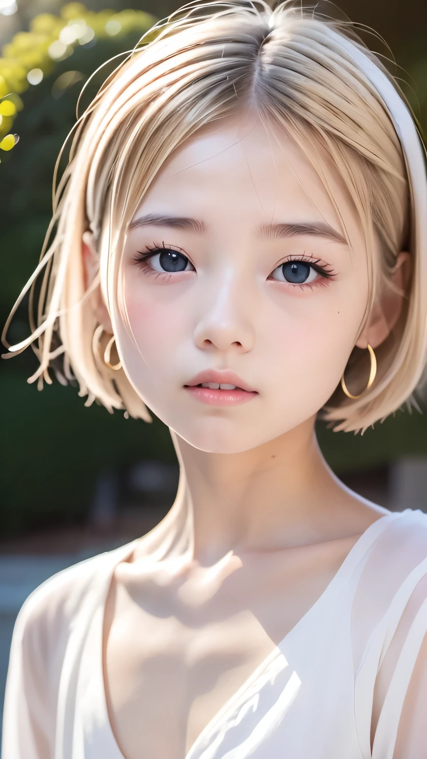 cute, (Ash Blonde Hair), ((Short Bob)), Perfect Face, An innocent smile, Upper Body,(blue eyes), (Yan), (small), (thin), ((small胸)), ((Only 16)), Skin dentition, Very detailed, Attractive oval face, Red lips, pink, Glowing Skin, Thin Hair, Face Focus, Chest close-up, Gorgeous hair ornament, Gold earrings, ((1 person)), Embarrassed expression,