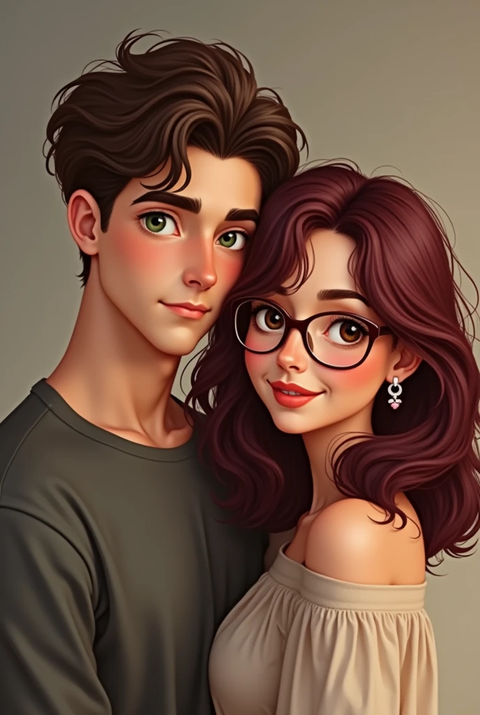 I want you to draw a couple for me, one is a man with brown hair, light green eyes, no beard, the other is a girl with burgundy hair, slightly wheatish skin, brown eyes, and glasses, with her chubby hair slightly below her shoulders..
