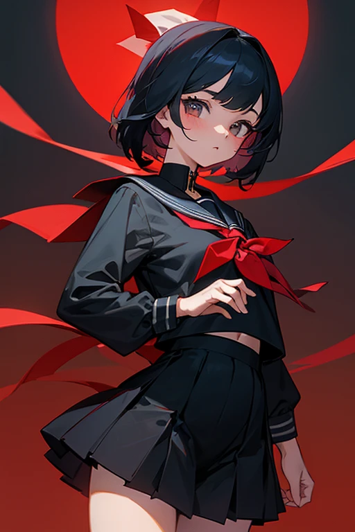 A beautiful middle school girl in a black sailor suit and red ribbon