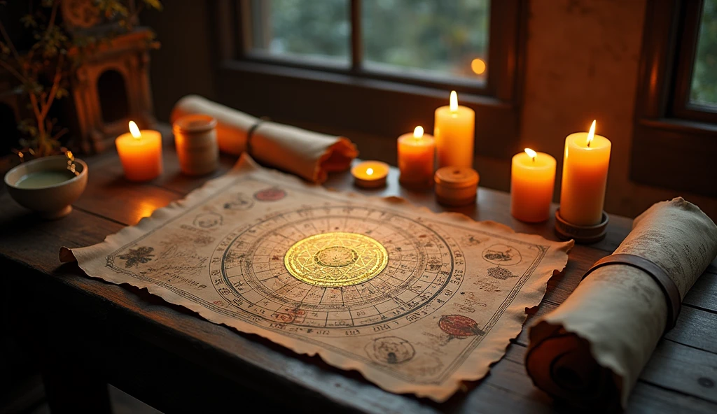 An ancient celestial chart laid out on a table, with zodiac symbols and astrological predictions glowing, surrounded by candles and scrolls. Atmosphere: mystical and enlightening. Mood: intrigued and contemplative. --ar 16:9
