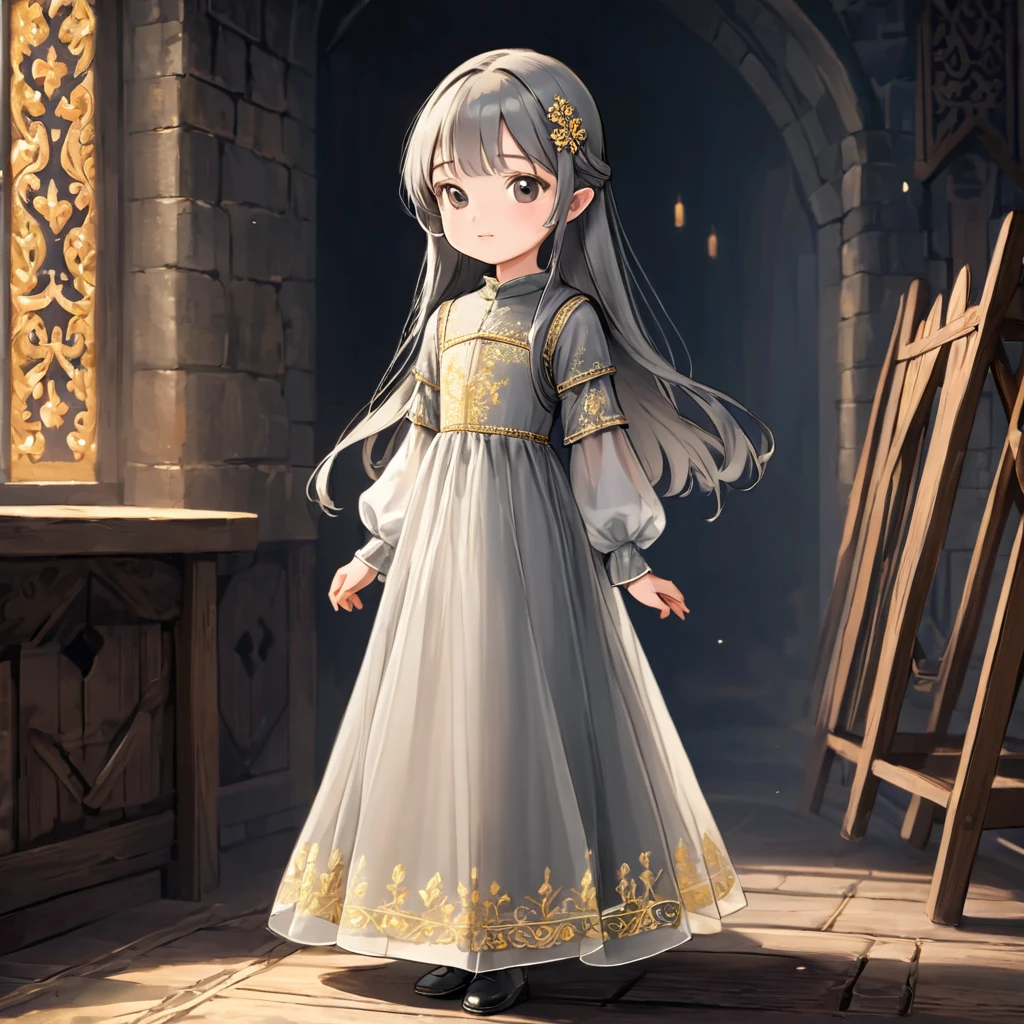 8 year old medieval girl, Medieval golden embroidery、Translucent long one-piece dress, gray, translucent tights, fabric, realistic, highest quality
