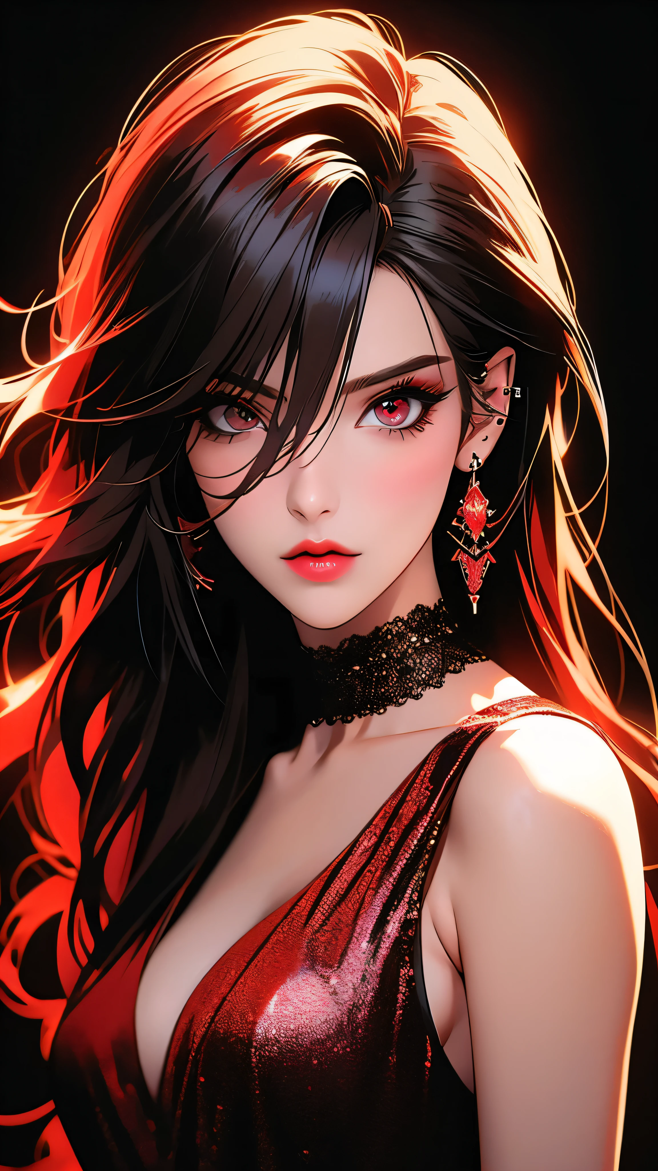 realistic,photorealistic,photo-realistic:1.37,highres,best quality,4k,masterpiece:1.2,ultra-detailed,extremely detailed eyes and face,long hair,red hair,multicolored hair,gradient hair,bangs,black hair,hair between eyes,ear piercing,piercing,jewelry,earrings,looking at viewer,1girl,solo,black shirt,shirt,breasts,medium breasts,collarbone,red eyes,black background,neon,video game art,red neon