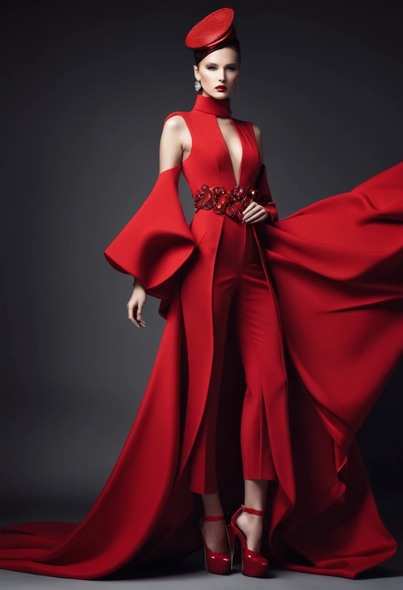 beautiful sexy woman, beautiful avant-garde style, full length , Beautiful red clothes ,  Accessories 