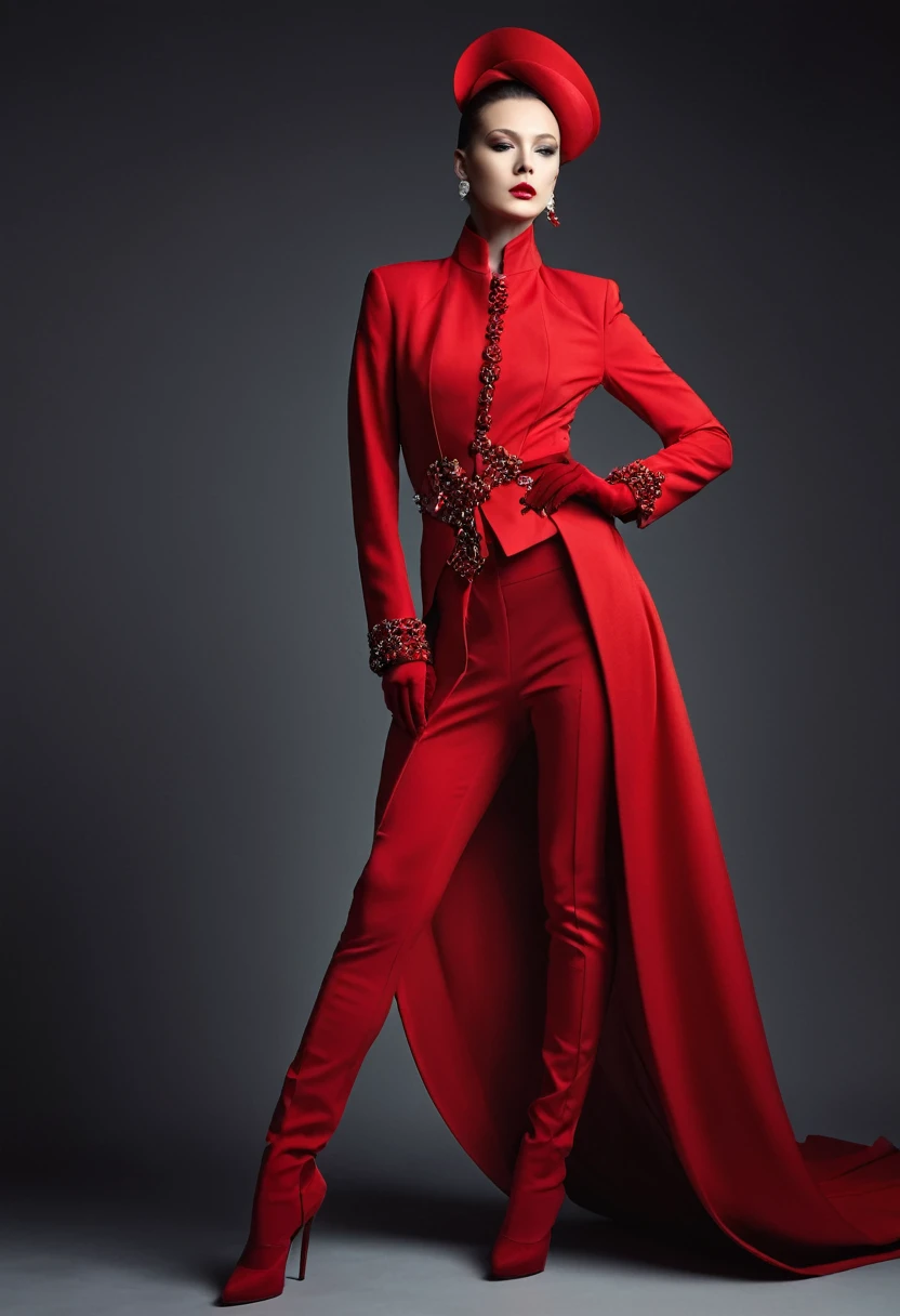 beautiful sexy woman, beautiful avant-garde style, full length , Beautiful red clothes ,  Accessories 