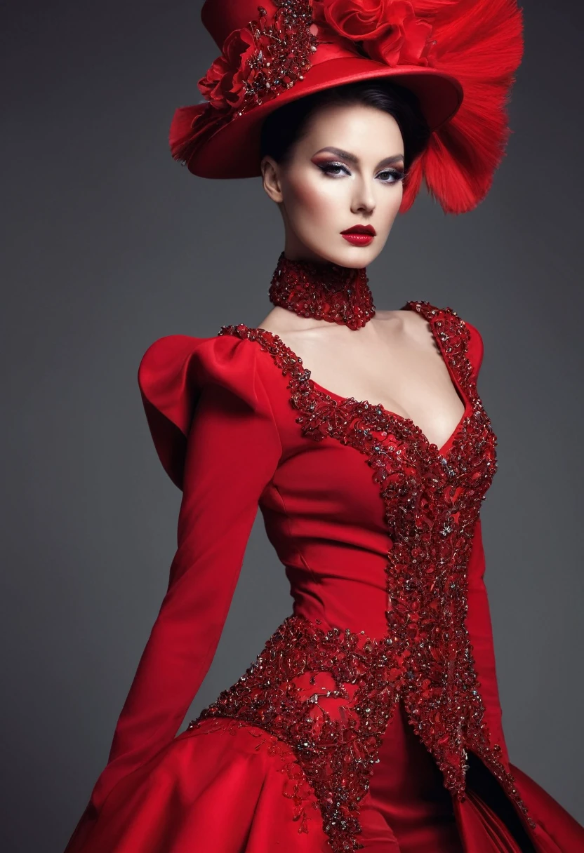 beautiful sexy woman, beautiful avant-garde style, full length , Beautiful red clothes , Accessories