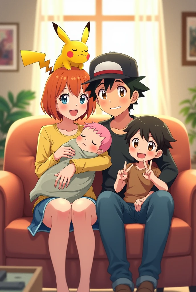 Create a family chart. anime version.
Let them sit in the living room.
The mom with her short orange hair,She is wearing a yellow shirt and a denim skirt, She is holding her baby.
The baby is sleeping wrapped in a blanket ,She has soft pink hair.
The dad is Ash from Pokémon with his black cap, their are brown.
Add another child eating a candy, his black hair and green eyes.
Add Pikachu on the father's shoulder, that he is making the v with his fingers.