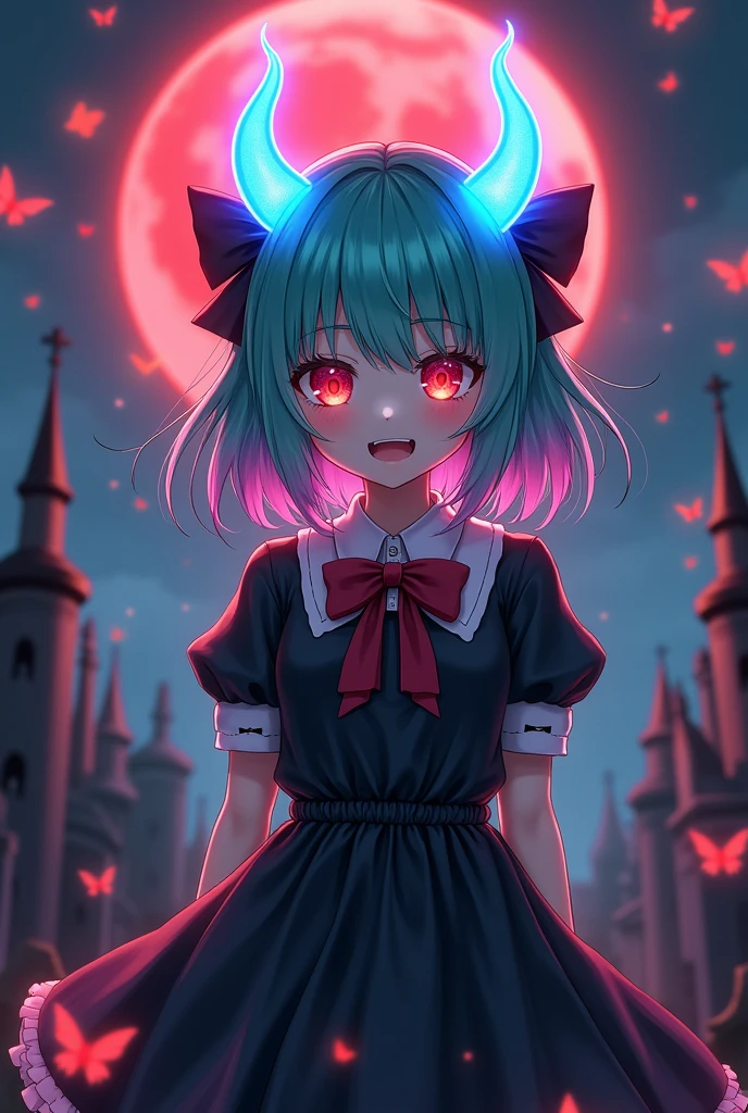 (photorealism:1.2),1girl, realistic anime, 8k, cinematic, dramatic, decora, Halloween theme, costume, devil horns, rainbows in background, creepy-cute vibes,(aqua-green hair:1.1),(gradient hair:1.5),(pink tips), blue glow horns, blue horn, coolor blue, holiday, pink gradient hair to bright blue, (butterfly), demonic butterflies flying, red butterfly, bright glowing horns, cute, happy expression, open mouth, evil laugh, yandere, kawaii cutesy, glowing red moon in the background, cemetery, old buildings, cinematic bg, concept art, clips, delicate, demure, bows