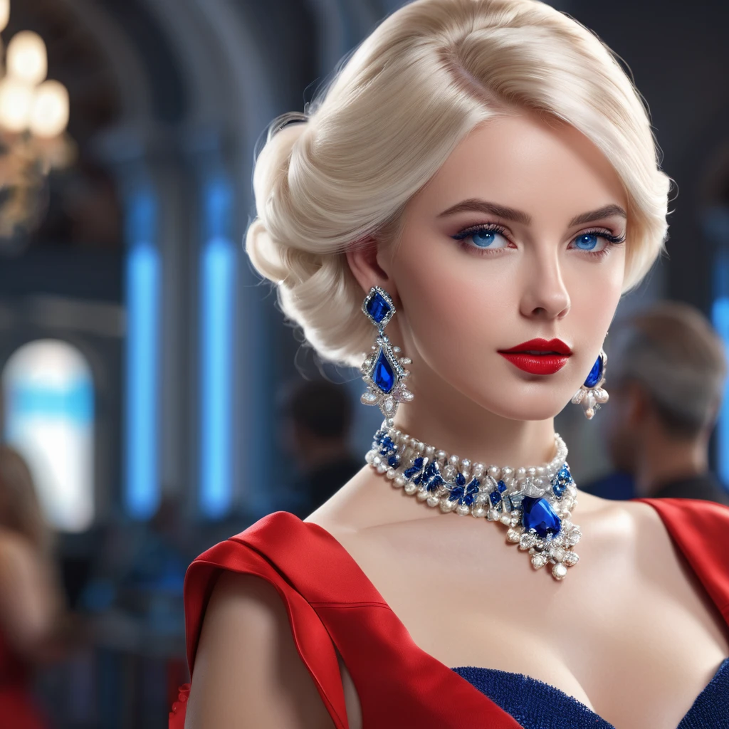Charleston style, 1 blonde girl in red, One, Blue eyes, White hair, gloves, dress, Jewelry, earrings, looking back, bracelet, lips, draw up, lipstick 3D, a high resolution, photo realistic, indicated, Cyber Technologies, 8k, depth of field,