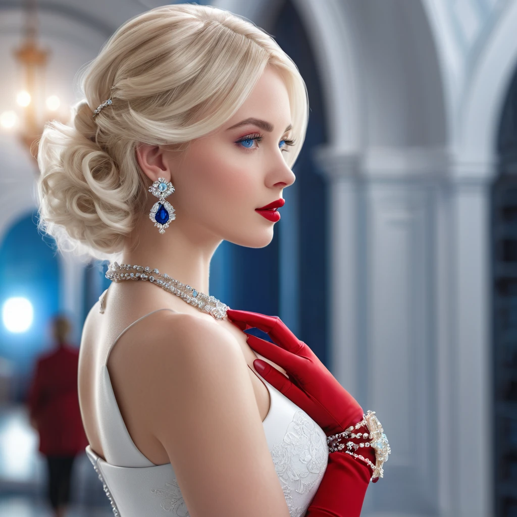 Charleston style, 1 blonde girl in red, One, Blue eyes, White hair, gloves, dress, Jewelry, earrings, looking back, bracelet, lips, draw up, lipstick 3D, a high resolution, photo realistic, indicated, Cyber Technologies, 8k, depth of field,