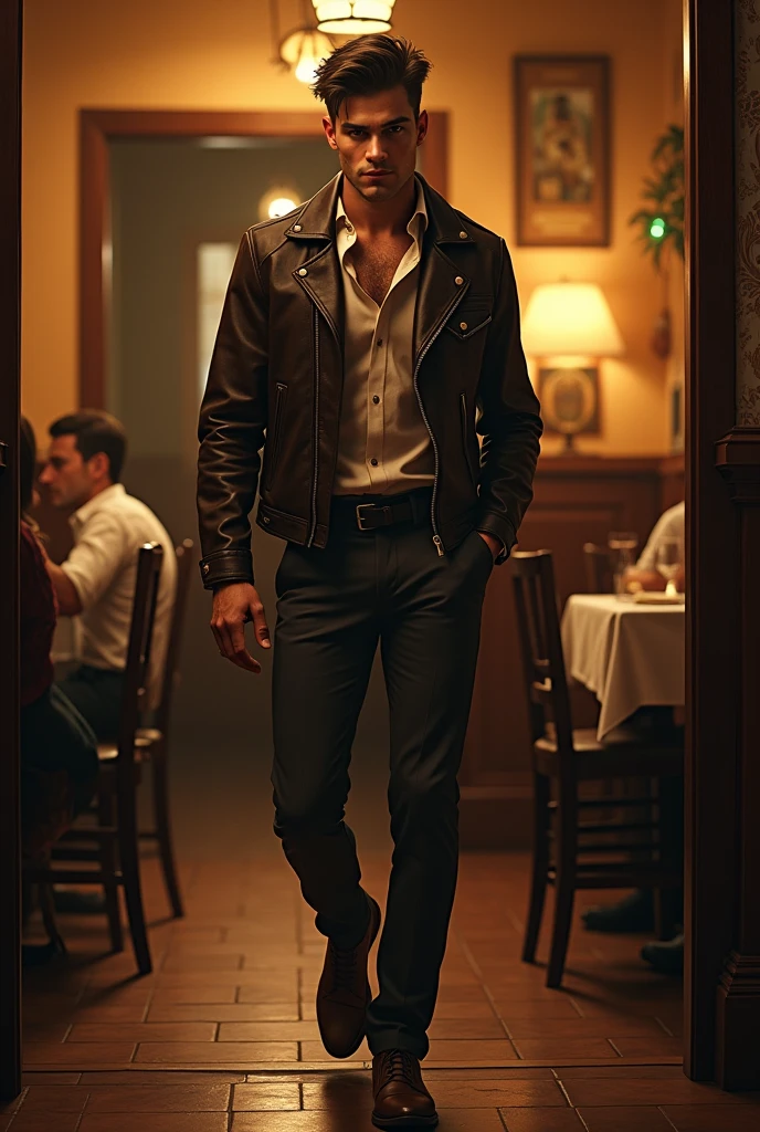 A handsome, ungainly man arriving at the San Roque restaurant.