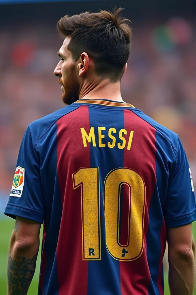((best quality)), ((masterpiece)), (detailed), perfect face Make the Barcelona player called Messi with the number 10 with the name Alex and below the number INSANE FC