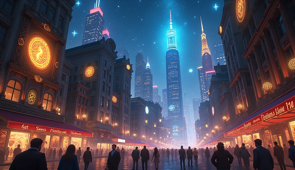 A vibrant cityscape at night with zodiac symbols shining as guiding lights over buildings, streets, and people. The scene is lively and illuminated. Atmosphere: dynamic and inspiring. Mood: energized and hopeful. --ar 16:9
