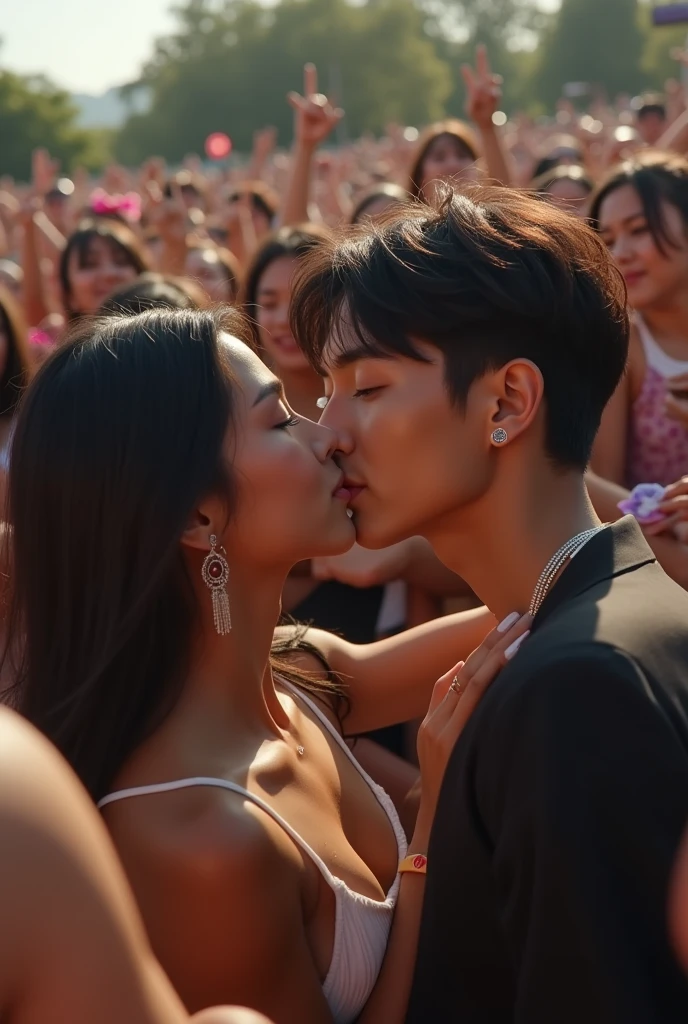 A Brazilian woman, giving a kiss on BTS's JungKook's lap in front of several fans, 8k image.