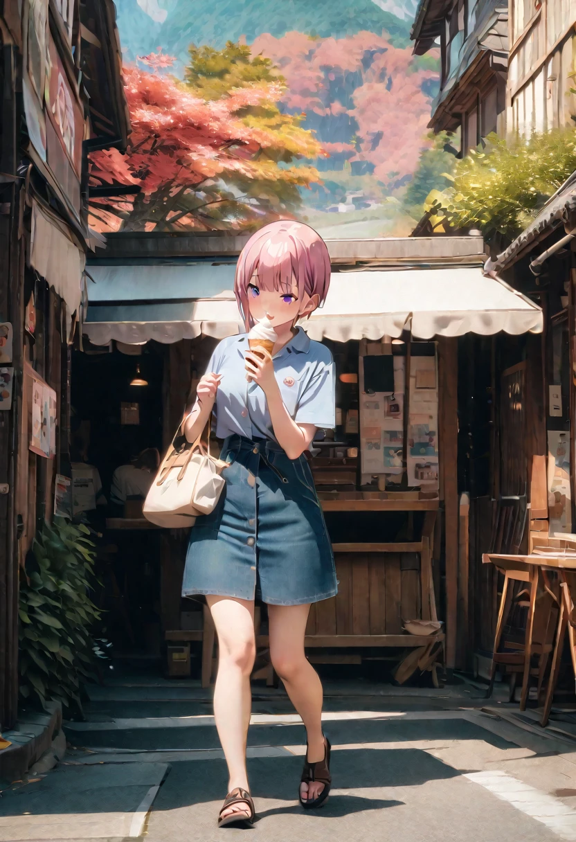 (Highest quality, 4K, 8k, High resolution, masterpiece:1.2), Very detailed, Picturesque, Animated photos, Photo Animation:1.37)、Japanese、(Pink Hair)、(Pixie Cut)、Licking soft serve ice cream、Full body photography、Nakano Ichika