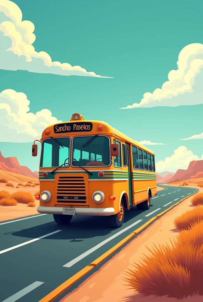 A bus in the middle of an empty road. Above a sign saying Sancho Passeios
