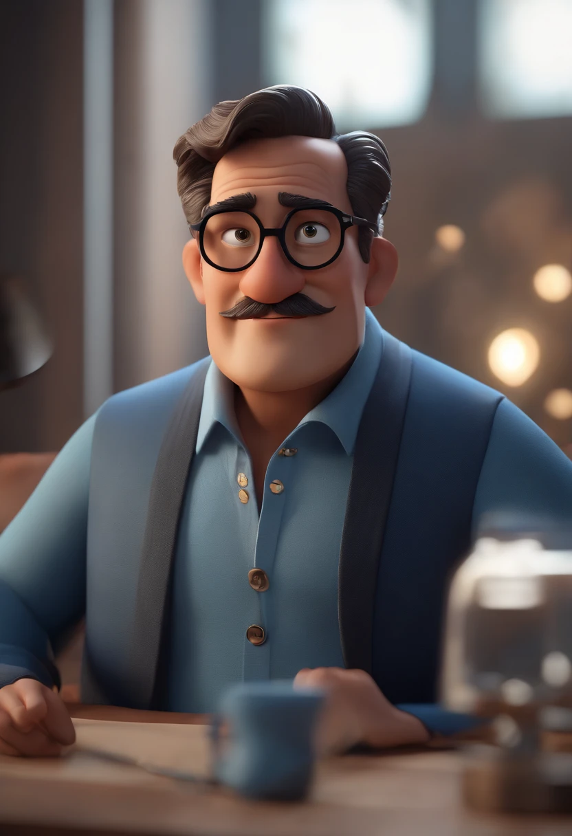 Cartoon character of a man wearing black glasses and a blue shirt, um personagem animado, Caractere estilizado, animation style rendering, 3D estilizado, Arnold Maya render, 3 d render stylized, toon render keyshot, Personagem 3D, Personagem 3D, 3d rendering stylized, 3 d character render, personagem de desenho animado, Personagem de close up, Pose de personagem, (Estilo Pixar) (master part:1.2) (Bokeh) (best quality) (pele detalhada) (textura detalhada) (8k) (argila) (Cinematic lighting) (foco nítido