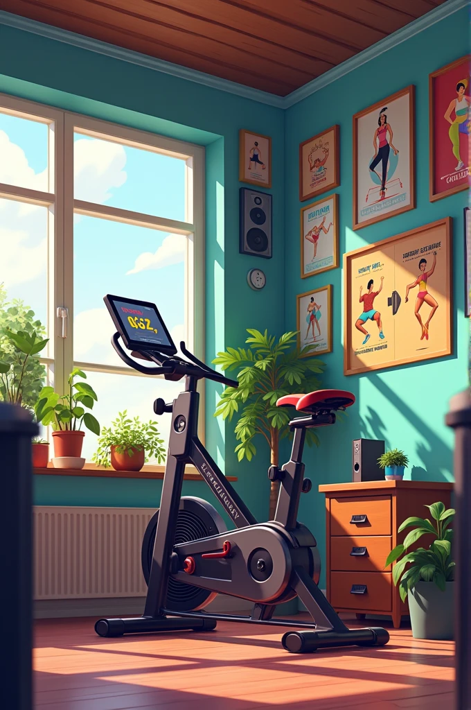 A room with Calisthenics posters, bike and music