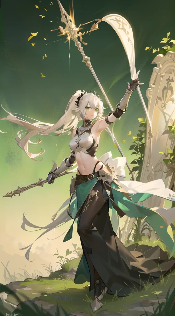 Adult woman, long white hair, high ponytail, green eyes, light knightly armor, sleeveless, open belly, shield, spear, masterpiece, high quality