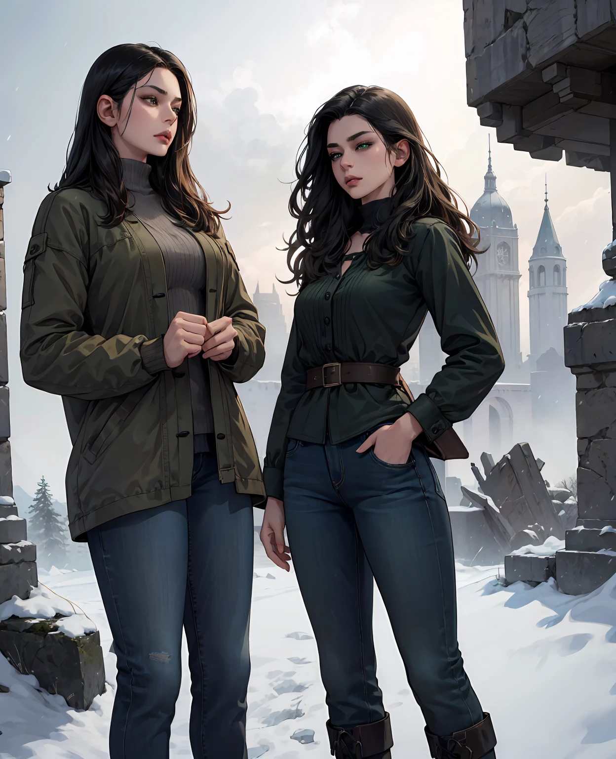 a young woman with shoulder-length wavy black hair, beautiful detailed green eyes, beautiful detailed thin lips, wearing a long-sleeved shirt, jeans, winter boots, frozen ruins, apocalypse snow, arrogant, (best quality,4k,8k,highres,masterpiece:1.2),ultra-detailed,(realistic,photorealistic,photo-realistic:1.37),dramatic lighting,cinematic composition,moody atmosphere,muted color palette,snow flurry