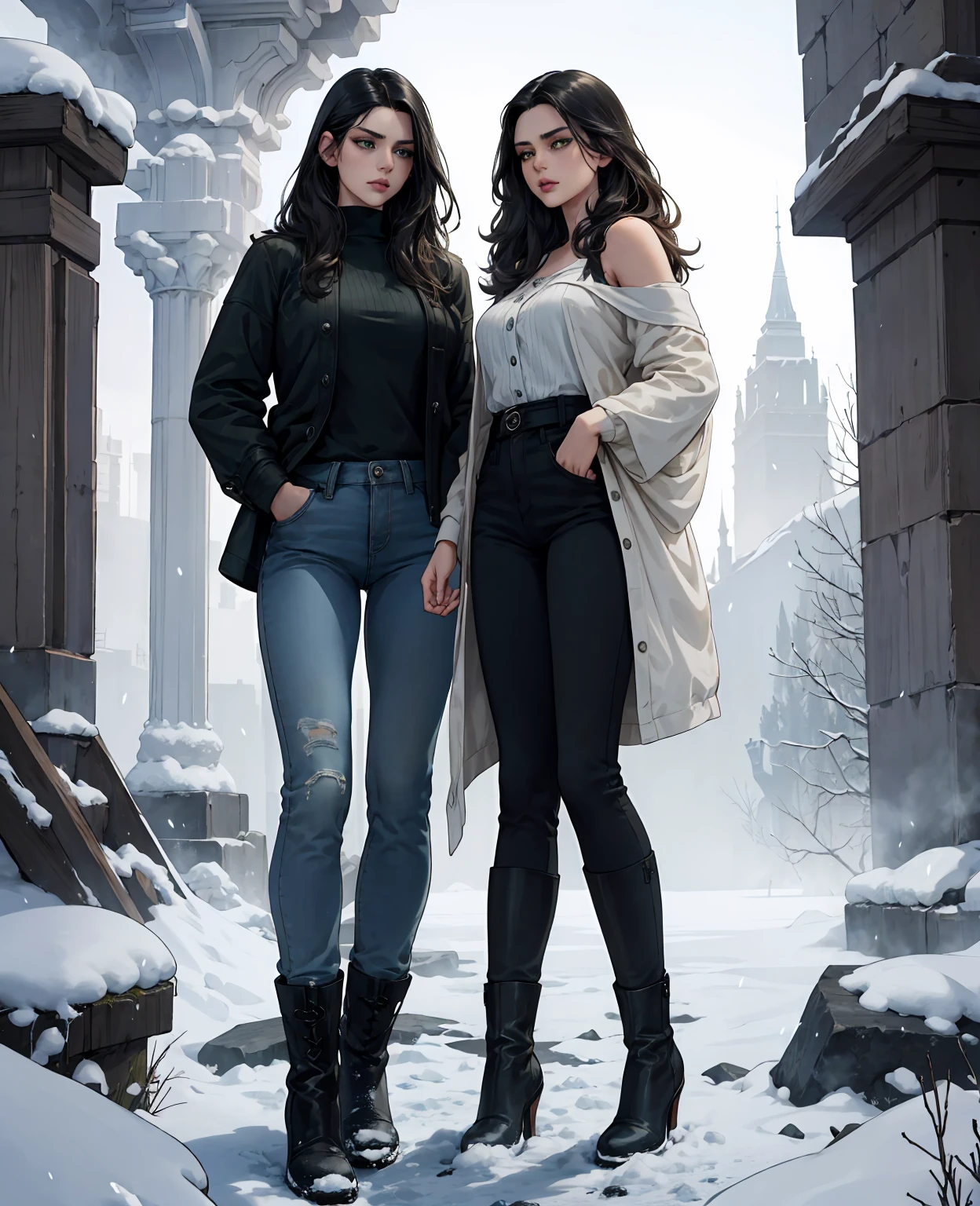 a young woman with shoulder-length wavy black hair, beautiful detailed green eyes, beautiful detailed thin lips, wearing a long-sleeved shirt, jeans, winter boots, frozen ruins, apocalypse snow, arrogant, (best quality,4k,8k,highres,masterpiece:1.2),ultra-detailed,(realistic,photorealistic,photo-realistic:1.37),dramatic lighting,cinematic composition,moody atmosphere,muted color palette,snow flurry