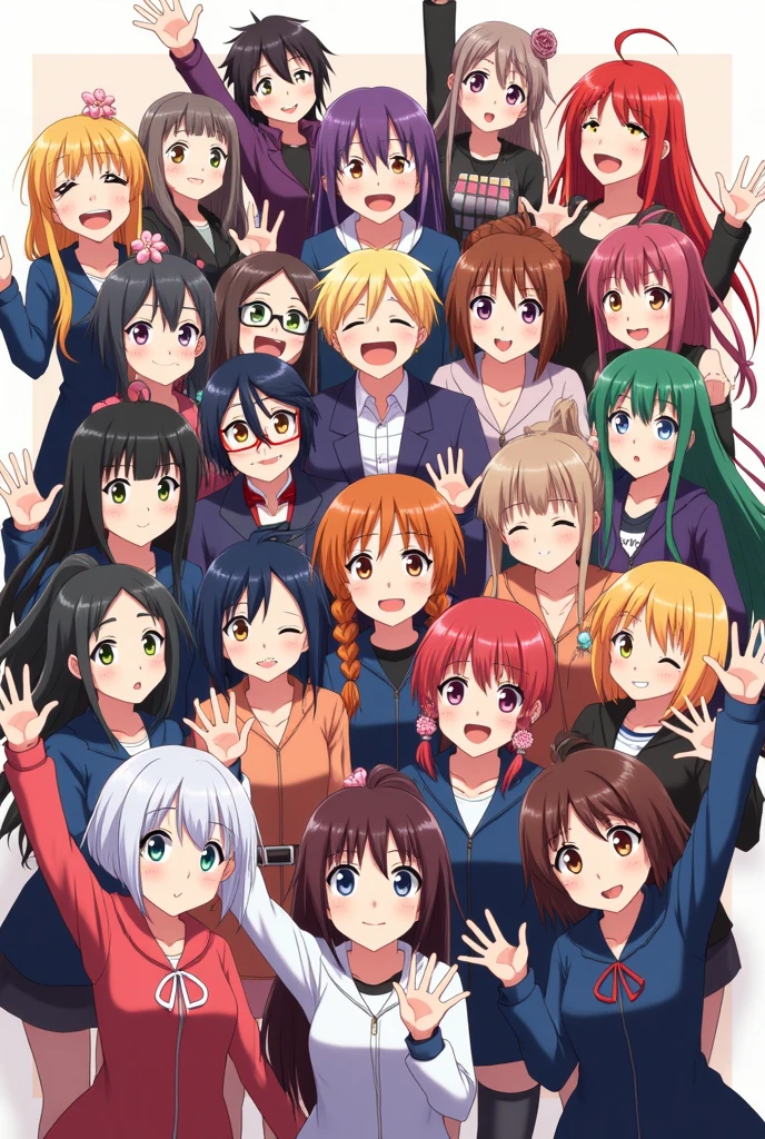 Rectangular photo of a group of epic happy anime characters who are waving and smiling, bearing the logo of my page "Vortex Anime -4k60-

