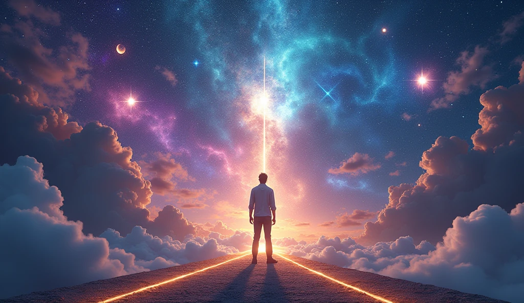 A person standing at a cosmic crossroads with zodiac signs illuminating different paths, symbolizing choices and opportunities. The sky is filled with vibrant celestial colors. Atmosphere: dynamic and empowering. Mood: adventurous and determined. --ar 16:9